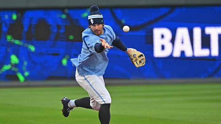 Apr 4, 2025; Kansas City, Missouri, USA; Kansas City Royals shortstop Bobby Witt Jr. (7) takes fielding practice before a game against the Baltimore Orioles at Kauffman Stadium. Mandatory Credit: Peter Aiken-Imagn Images