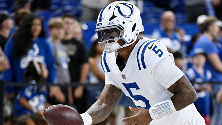 Aug 29, 2026; Indianapolis, Indiana, USA;  Indianapolis Colts quarterback Anthony Richardson Sr. (5) during warmups before the game against the Detroit Lions at Lucas Oil Stadium.  Mandatory Credit: Robert Goddin-Imagn Images