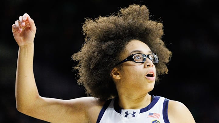 Notre Dame guard Olivia Miles looks on during a game between the Fighting Irish and SMU. Notre Dame guard Olivia Miles looks on during a game between the Fighting Irish and SMU.