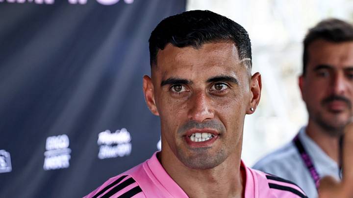 Inter Miami striker Germán Berterame talks with reporters Friday.