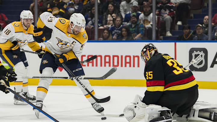 Oct 31, 2023; Vancouver, British Columbia, CAN; Vancouver Canucks goalie Thatcher Demko (35) makes a