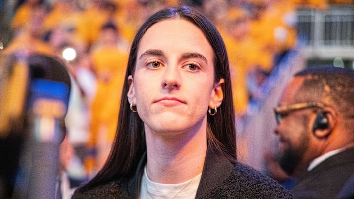 Apr 26, 2024; Indianapolis, Indiana, USA; Indiana Fever Guard Caitlin Clark before game three of the first round for the 2024 NBA playoffs between the Indiana Pacers and the Milwaukee Bucks at Gainbridge Fieldhouse. Mandatory Credit: Trevor Ruszkowski-Imagn Images