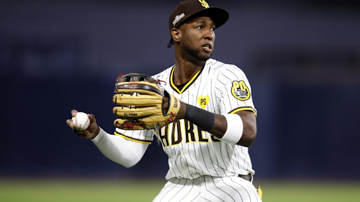 Oct 8, 2024; San Diego, California, USA; San Diego Padres outfielder Jurickson Profar (10) in the second inning against the Los Angeles Dodgers during game three of the NLDS for the 2024 MLB Playoffs at Petco Park. Mandatory Credit: David Frerker-Imagn Images