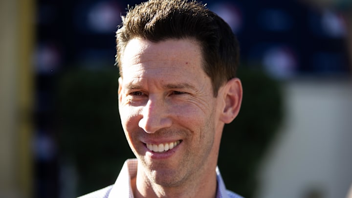 Nov 7, 2023; Scottsdale, AZ, USA; Boston Red Six chief baseball officer Craig Breslow speaks to the media during the MLB General Manager's Meetings at Omni Scottsdale Resort & Spa. Mandatory Credit: Mark J. Rebilas-Imagn Images Nov 7, 2023; Scottsdale, AZ, USA; Boston Red Six chief baseball officer Craig Breslow speaks to the media during the MLB General Manager's Meetings at Omni Scottsdale Resort & Spa. Mandatory Credit: Mark J. Rebilas-Imagn Images