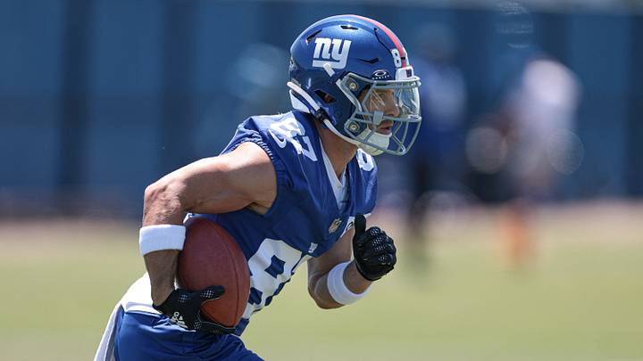 Jun 3, 2026; East Rutherford, NJ, USA;  New York Giants wide receiver  Braxton Berrios (87) participates in drills during organized team activities at Quest Diagnostics Training Center. Mandatory Credit: Vincent Carchietta-Imagn Images
