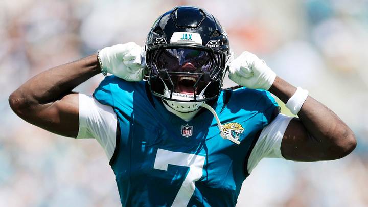 Jacksonville Jaguars wide receiver Brian Thomas Jr. (7) reacts to his reception during the first quarter of an NFL football matchup at EverBank Stadium on Sunday, Sept. 13, 2026, in Jacksonville, Fla. The Jaguars defeated the Browns 34-10.