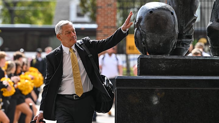 Oct 7, 2023; Iowa City, Iowa, USA; Iowa Hawkeyes head coach Kirk Ferentz enters Kinnick Stadium before the game against the Purdue Boilermakers. Mandatory Credit: Jeffrey Becker-USA TODAY Sports