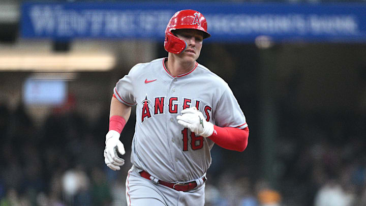 Apr 30, 2023; Milwaukee, Wisconsin, USA; Los Angeles Angels first baseman Jake Lamb (18) rounds the bases after hitting a home run against the Milwaukee Brewers in the second inning at American Family Field. Apr 30, 2023; Milwaukee, Wisconsin, USA; Los Angeles Angels first baseman Jake Lamb (18) rounds the bases after hitting a home run against the Milwaukee Brewers in the second inning at American Family Field.