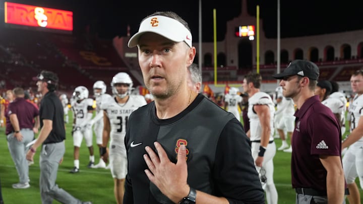 Aug 30, 2025; Los Angeles, California, USA; Southern California Trojans head coach Lincoln Riley reacts after the game against the Missouri State Bears at United Airlines Field at Los Angeles Memorial Coliseum. Mandatory Credit: Kirby Lee-Imagn Images