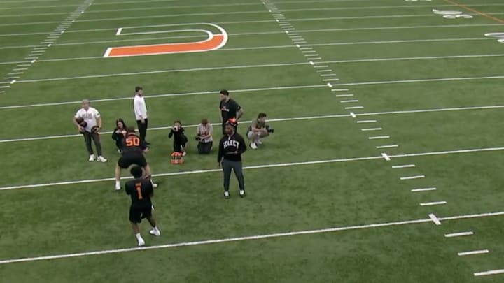 Miami Hurricanes QB Cam Ward throws at the team's Pro Day ahead of the 2025 NFL draft.