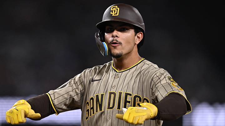 San Diego Padres catcher Ethan Salas (8) gestures after hitting an RBI single during the seventh inning against the Los Angeles Dodgers at Dodger Stadium on Sept. 24, 2026.