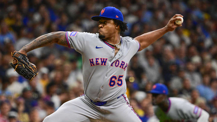 Aug 8, 2025; Milwaukee, Wisconsin, USA; New York Mets pitcher Gregory Soto (65) throws a pitch in the seventh inning against the Milwaukee Brewers at American Family Field. Mandatory Credit: Benny Sieu-Imagn Images