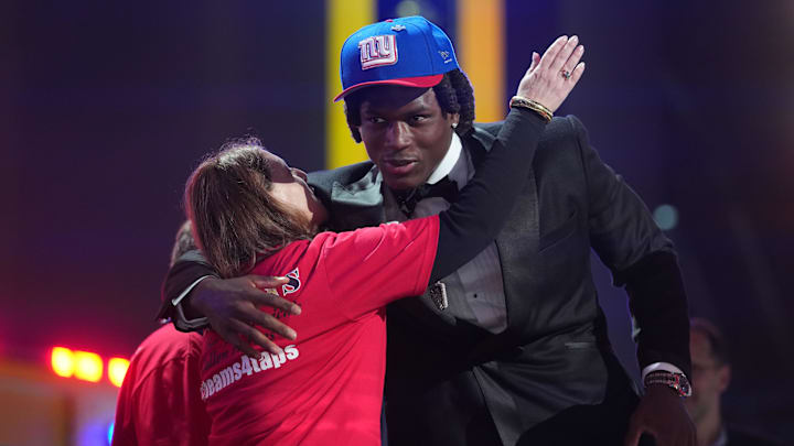 Apr 23, 2026; Pittsburgh, PA, USA; Ohio State Buckeyes linebacker Arvell Reese is selected by the New York Giants as the number five pick during the 2026 NFL Draft at Acrisure Stadium. Mandatory Credit: Kirby Lee-Imagn Images