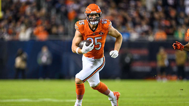 Nov 9, 2023; Chicago, Illinois, USA; Chicago Bears tight end Cole Kmet (85) runs after a catch