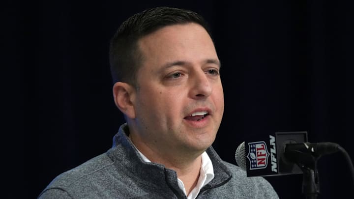 Feb 27, 2024; Indianapolis, IN, USA; New England Patriots director of scouting Eliot Wolf during the NFL Scouting Combine at Indiana Convention Center. Mandatory Credit: Kirby Lee-Imagn Images Feb 27, 2024; Indianapolis, IN, USA; New England Patriots director of scouting Eliot Wolf during the NFL Scouting Combine at Indiana Convention Center. Mandatory Credit: Kirby Lee-Imagn Images