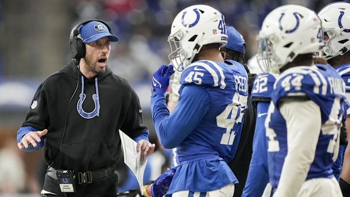 Jan 5, 2025; Indianapolis, Indiana, USA; Indianapolis Colts Head Coach Shane Steichen talks to the team during a game against the Jacksonville Jaguars at Lucas Oil Stadium. Mandatory Credit: Grace Hollars/USA TODAY Network via Imagn Images Jan 5, 2025; Indianapolis, Indiana, USA; Indianapolis Colts Head Coach Shane Steichen talks to the team during a game against the Jacksonville Jaguars at Lucas Oil Stadium. Mandatory Credit: Grace Hollars/USA TODAY Network via Imagn Images
