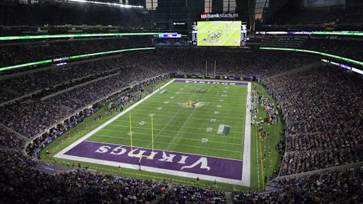 Sep 1, 2016; Minneapolis, MN, USA; General view of U.S. Bank Stadium with Minneapolis downtown skyline as backdrop during a NFL game between the Los Angeles Rams and the Minnesota Vikings. Sep 1, 2016; Minneapolis, MN, USA; General view of U.S. Bank Stadium with Minneapolis downtown skyline as backdrop during a NFL game between the Los Angeles Rams and the Minnesota Vikings.