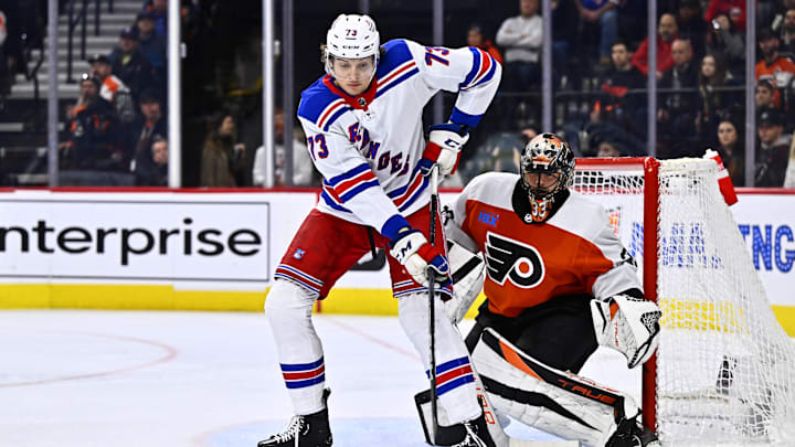 Feb 24, 2024; Philadelphia, Pennsylvania, USA; New York Rangers center Matt Rempe (73) looks to