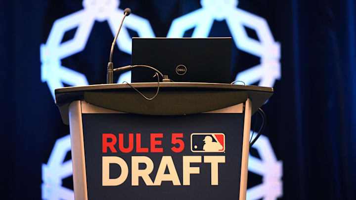 Dec 7, 2022; San Diego, CA, USA; A detailed view of the podium before the Rule 5 draft during the 2022 MLB Winter Meetings at Manchester Grand Hyatt. Mandatory Credit: Orlando Ramirez-Imagn Images