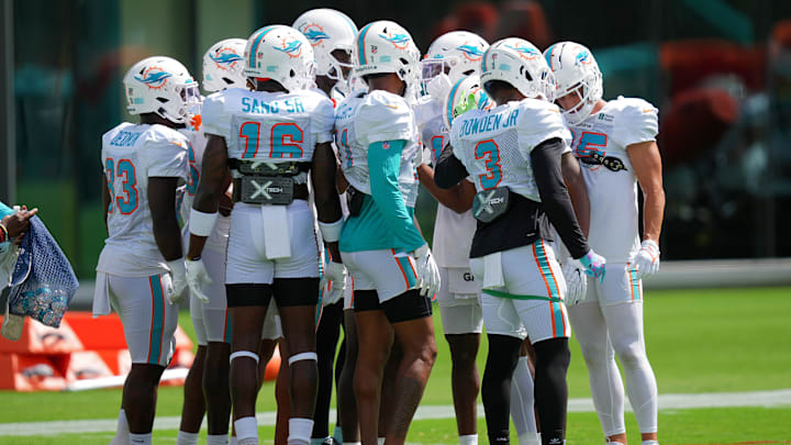 Aug 5, 2022; Miami Gardens, Florida, US; Miami Dolphins wide receivers huddle up on the field during