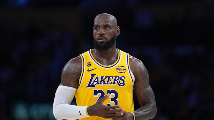 Apr 18, 2026; Los Angeles, California, USA; Los Angeles Lakers forward LeBron James (23) reacts against the Houston Rockets during game one of the first round of the 2026 NBA Playoffs at Crypto.com Arena. 