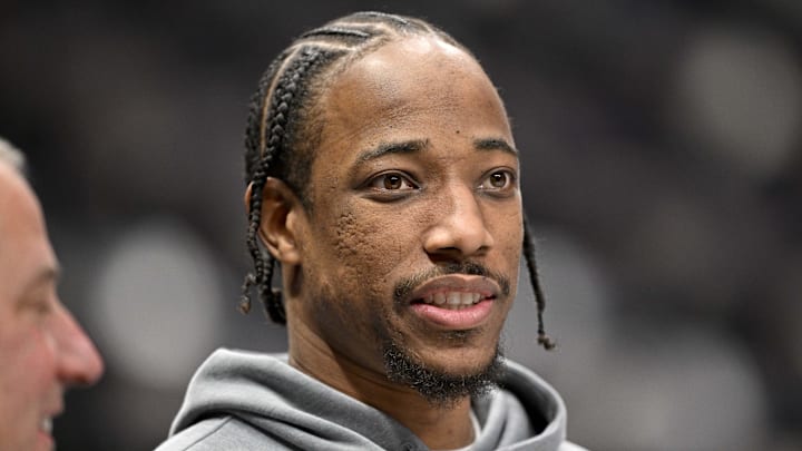 Feb 26, 2026; Dallas, Texas, USA; Sacramento Kings guard DeMar DeRozan (10) warms up before the game between the Dallas Mavericks and the Sacramento Kings the American Airlines Center. Mandatory Credit: Jerome Miron-Imagn Images