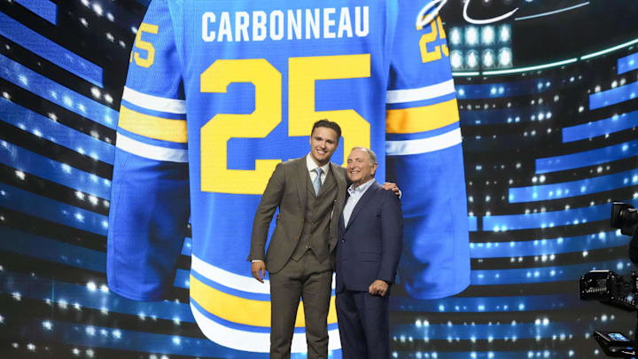 Jun 27, 2025; Los Angeles, California, USA; Justin Carbonneau is selected as the 19th overall pick to the St. Louis Blues in the first round of the 2025 NHL Draft at Peacock Theater. Mandatory Credit: Kirby Lee-Imagn Images Jun 27, 2025; Los Angeles, California, USA; Justin Carbonneau is selected as the 19th overall pick to the St. Louis Blues in the first round of the 2025 NHL Draft at Peacock Theater. Mandatory Credit: Kirby Lee-Imagn Images