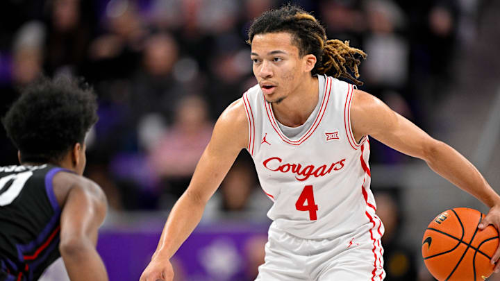 Jan 28, 2026; Fort Worth, Texas, USA; Houston Cougars guard Kingston Flemings (4) brings the ball up court during the game at Ed and Rae Schollmaier Arena. 