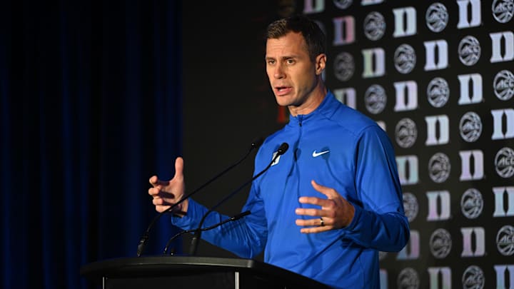 Duke head coach Jon Scheyer answers questions from the media at The Hilton Charlotte Uptown.