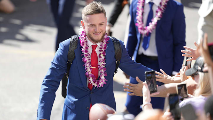Nov 23, 2024; Austin, Texas, USA; Texas Longhorns quarterback Quinn Ewers is greeted by fans when entering Darrell K Royal-Texas Memorial Stadium before a game against the Kentucky Wildcats. Mandatory Credit: Scott Wachter-Imagn Images