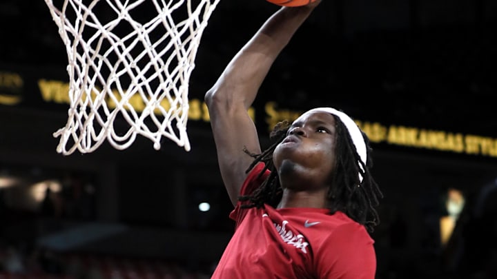 Nov 17, 2023; Fayetteville, Arkansas, USA; Arkansas Razorbacks forward Baye Fall warms up prior to