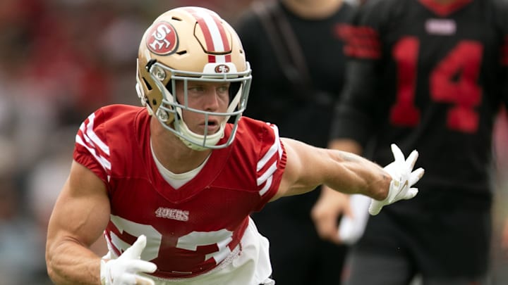 Jul 24, 2025; Santa Clara, CA, USA; San Francisco 49ers running back Christian McCaffrey (23) runs a play from scrimmage during the second day of training camp. Mandatory Credit: D. Ross Cameron-Imagn Images Jul 24, 2025; Santa Clara, CA, USA; San Francisco 49ers running back Christian McCaffrey (23) runs a play from scrimmage during the second day of training camp. Mandatory Credit: D. Ross Cameron-Imagn Images
