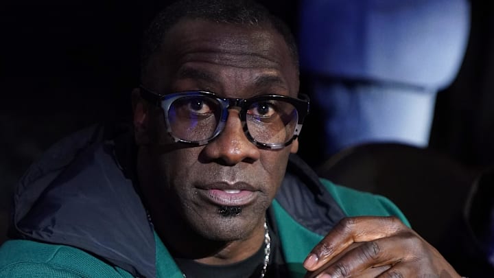 Former NFL player Shannon Sharpe looks on in the second half of the in-season tournament championship final between the Indiana Pacers and the Los Angeles Lakers at T-Mobile Arena.