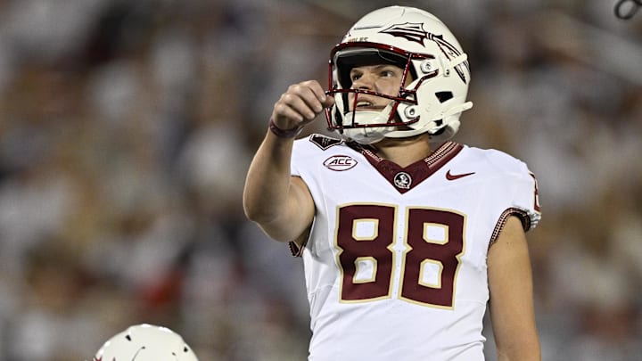 Sep 28, 2024; Dallas, Texas, USA; Florida State Seminoles place kicker Ryan Fitzgerald (88) in action during the game between the Southern Methodist Mustangs and the Florida State Seminoles at Gerald J. Ford Stadium. Mandatory Credit: Jerome Miron-Imagn Images
