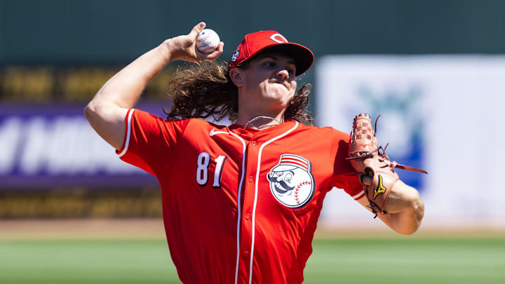 Mar 20, 2024; Goodyear, Arizona, USA; Cincinnati Reds pitcher Rhett Lowder against the Texas Rangers