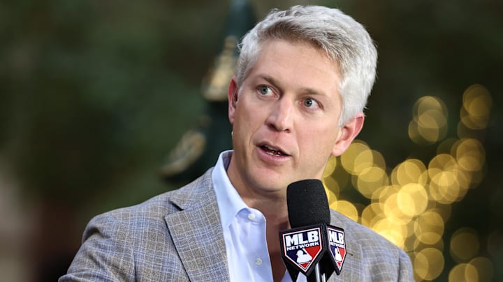 Dec 10, 2024; Dallas, TX, USA; Baltimore Orioles executive vice president and general manager Mike Elias talks on the set of MLB Network at the Hilton Anatole during the 2024 MLB Winter Meetings