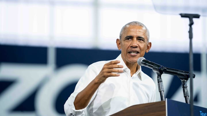 Former President Barack Obama campaigns for Harris/Walz at the Cole and Jeannie Davis Sports Center on Oct. 18, 2024, in Tucson.