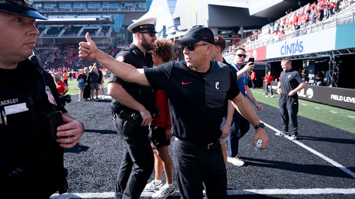 Cincinnati Bearcats head coach Scott Satterfield gestures after the NCAA football game between the Cincinnati Bearcats and Iowa State Cyclones at Nippert Stadium in Cincinnati on Oct. 4, 2025. Cincinnati Bearcats defeated Iowa State Cyclones 38-30.
