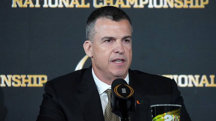 Jan 18, 2026; Miami, FL, USA; Miami Hurricanes coach Mario Cristobal at the CFP head coaches press conference at JW Marriott Marquis Miami. Mandatory Credit: Kirby Lee-Imagn Images