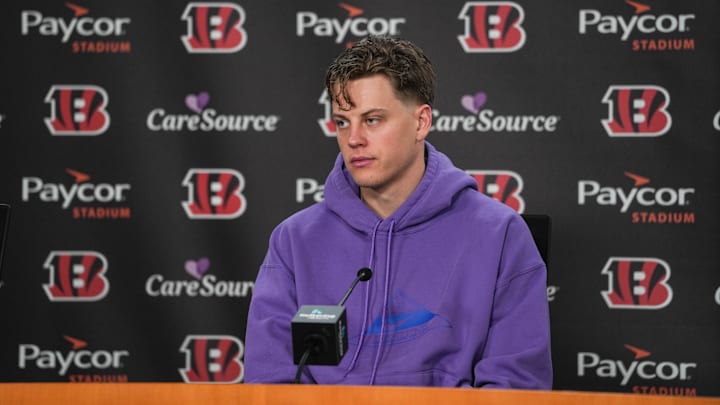 Bengals quarterback Joe Burrow speaks to the media during a press conference on the first day of the