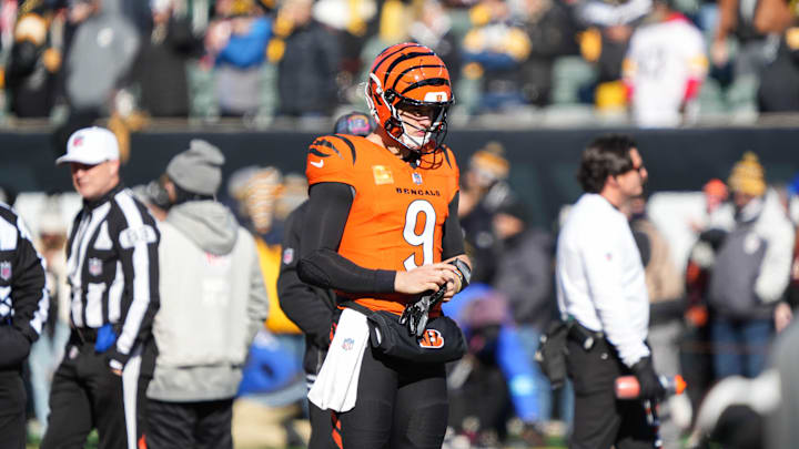Bengals Joe Burrow (9) warms up before their game against the Steelers at Paycor Stadium on Sunday December 1, 2024.