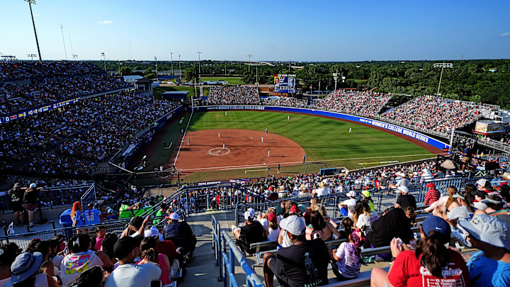 Fans watch the Women's College World Series softball game between the Tennessee Volunteers and the UCLA Bruins at Devon Park in Oklahoma City, Sunday, June, 1, 2025. Fans watch the Women's College World Series softball game between the Tennessee Volunteers and the UCLA Bruins at Devon Park in Oklahoma City, Sunday, June, 1, 2025.