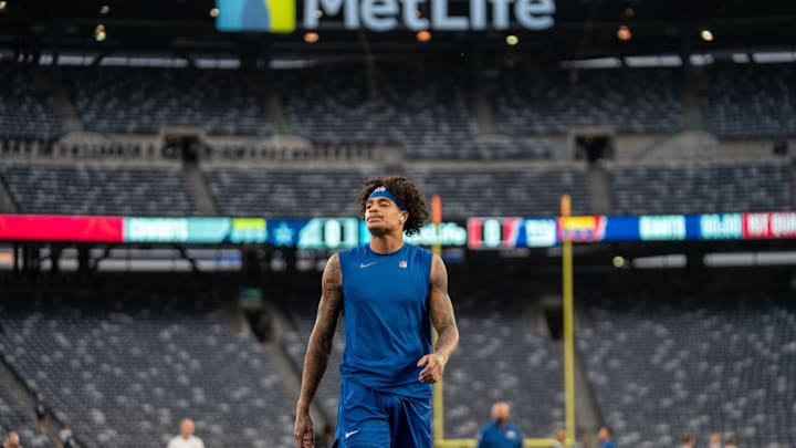 Sep 26, 2024; East Rutherford, NJ, US; New York Giants wide receiver Jalin Hyatt (13) warms up during pre-game at MetLife Stadium. 