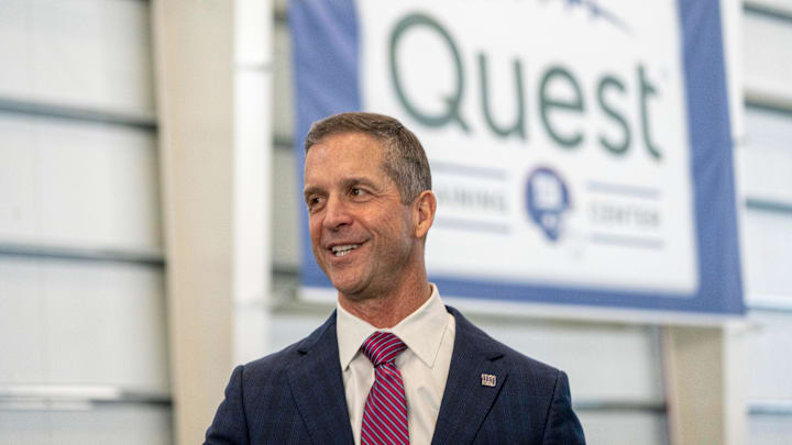 New Giants Head Coach John Harbaugh speaks with members of the media during a press conference welcoming Harbaugh at the Quest Diagnostics Training Center in East Rutherford on Tuesday, Jan. 20, 2025.