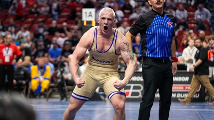 Nodaway Valley's Ashton Honnold wins over Maquoketa Valley's Nathan Beitz at 215 lbs during the Class 1A state wrestling final on Saturday, Feb. 22, 2025, at Wells Fargo Arena in Des Moines.