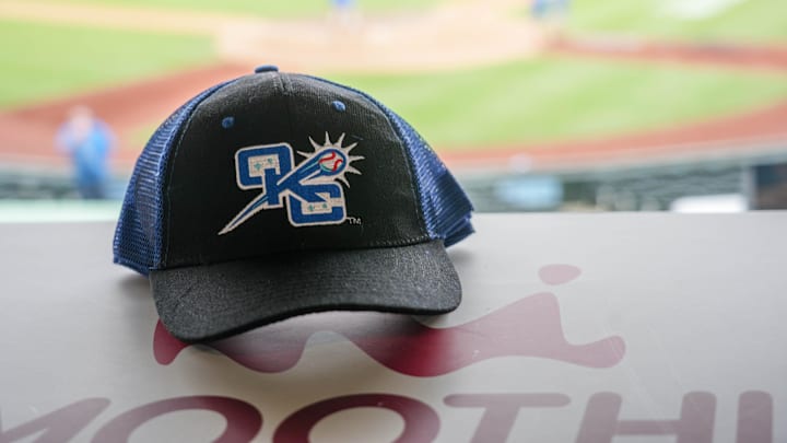 New logos adorn hats during the home opener Minor League baseball game between the Oklahoma City Comets and the El Paso Chihuahuas at Chickasaw Bricktown Ballpark in Oklahoma City on Tuesday, April 1, 2025. New logos adorn hats during the home opener Minor League baseball game between the Oklahoma City Comets and the El Paso Chihuahuas at Chickasaw Bricktown Ballpark in Oklahoma City on Tuesday, April 1, 2025.
