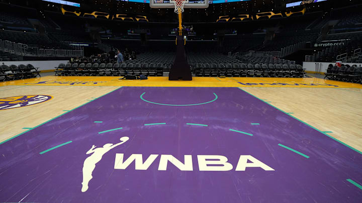  The WNBA logo on the court at Crypto.com Arena.