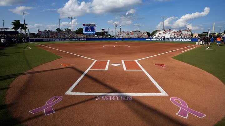 The field is pictured before Game 1 of the NCAA Women's College World Series finals between the Texas Longhorns and the Texas Tech Red Raiders at Devon Park in Oklahoma City, Wednesday, June 3, 2026. The field is pictured before Game 1 of the NCAA Women's College World Series finals between the Texas Longhorns and the Texas Tech Red Raiders at Devon Park in Oklahoma City, Wednesday, June 3, 2026.