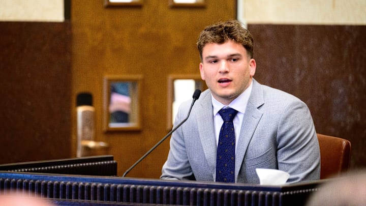 Oklahoma linebacker Owen Heinecke testifies during his appeal for an additional year of eligibility.