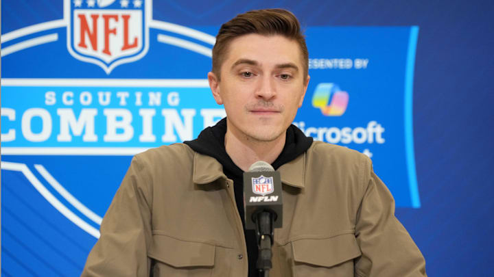 Feb 25, 2025; Indianapolis, IN, USA; Jacksonville Jaguars general manger James Gladstone speaks during the NFL Scouting Combine at the Indiana Convention Center. Mandatory Credit: Kirby Lee-Imagn Images Feb 25, 2025; Indianapolis, IN, USA; Jacksonville Jaguars general manger James Gladstone speaks during the NFL Scouting Combine at the Indiana Convention Center. Mandatory Credit: Kirby Lee-Imagn Images